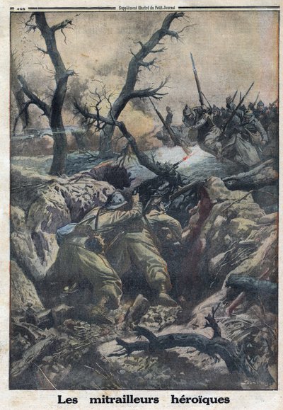 प्रथम विश्व युद्ध 1914-1918 (युद्ध 14-18)। जर्मन सेना पर हमला करने वाले फ्रांसीसी मशीन गनर। 9/04/1916 को "" ले पेटिट जर्नल "" में। निजि संग्रह द्वारा अनाम अनाम