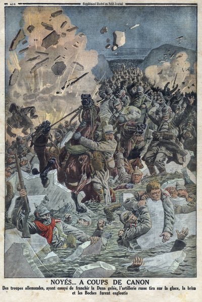 प्रथम विश्व युद्ध 1914-1918 (युद्ध 14-18)। जर्मन सेना डूना जिले नदी को पार करने की कोशिश करती है लेकिन रूसी तोपखाने ने बर्फ पर एक बंदूक से गोलीबारी की और जर्मन सेना (पाठ में उपनाम बोचे) को "द पेटिटी जर्नल" में डुबो दिया। द्वारा अनाम अनाम