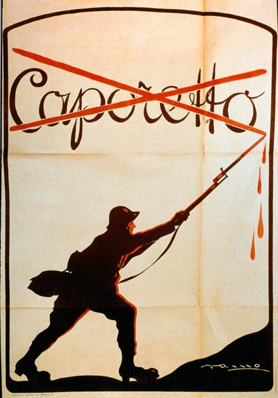 प्रथम विश्व युद्ध: अक्टूबर 1917 के अंत में Caporetto (या Karfreit की लड़ाई) की हार के अवसर पर प्रकाशित पोस्टर इतालवी सेना के एक सैनिक का प्रतिनिधित्व करता है जिसने अपने baonette की नोक से "Caporetto" नाम छीन लिया। इलस्ट्रेटर की पहचान नहीं है द्वारा अनाम अनाम