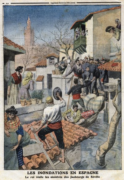 स्पेन में बाढ़: किंग अल्फोंसो XIII (1886-1941) ने सेविले के भयावह उपनगरों का दौरा किया। 25/02/1912 को "" ले पेटिट जर्नल "" में उत्कीर्णन। निजि संग्रह। द्वारा अनाम अनाम
