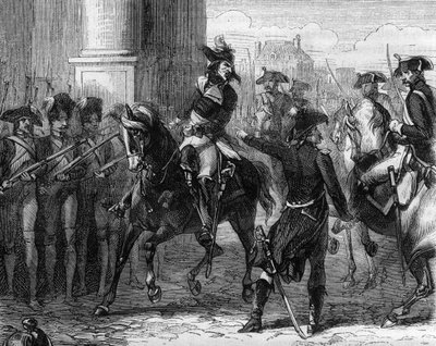 फ्रेंकोइस हनरियट (1761-1794), सम्मेलन के दरवाजे पर फ्रांसीसी क्रांतिकारी (9 थर्मिडोर 1794) - अल्फोंस डी लैमार्टाइन (1790-1869) 1865-1866 द्वारा "हिस्टोइरे डेस गिरोंडिन्स" में उत्कीर्णन - निजी संग्रह द्वारा अनाम अनाम