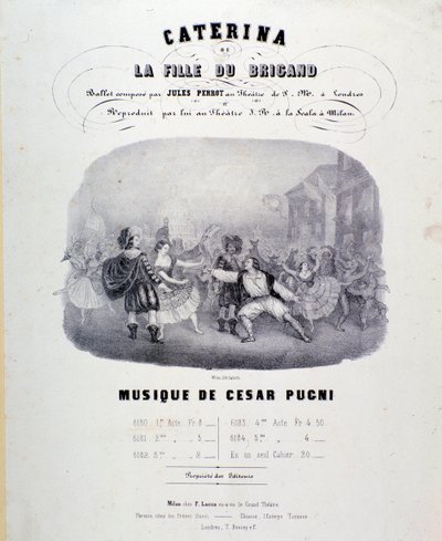 टिएट्रो अल्ला स्काला (1847) में प्रतिनिधित्व के लिए पुगनी द्वारा कैटरिना या बैंडिट की बेटी के संगीत स्कोर के लिए फ्रंटिसपीस द्वारा अनाम अनाम