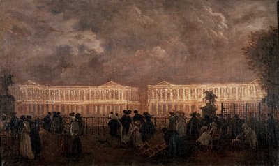1782 में पेरिस में प्लेस लुई XV (अब प्लेस डे ला कॉनकॉर्ड) की रोशनी बाईं ओर, वर्तमान होटल क्रिलॉन और दाईं ओर, होटल डे ला मरीन (होटल डू गार्डे मेउबल)। बेनामी पेंटिंग द्वारा अनाम अनाम