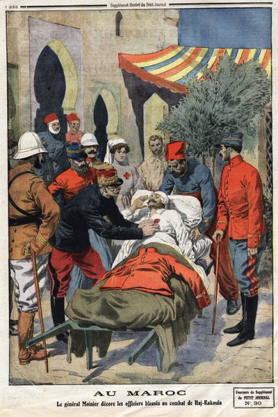 मोरक्को में, जनरल मोइनियर ने 21/07/1912 को "ले पेटिट जर्नल" में उत्कीर्ण हज राकौला (हजरकौला) की लड़ाई में घायल हुए अधिकारियों के सम्मान की सेना के क्रॉस के साथ सजाया। निजि संग्रह। द्वारा अनाम अनाम