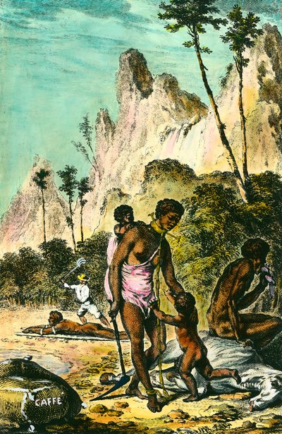 इले डी फ्रांस की यात्रा (वर्तमान मॉरीशस): दासों का काम। शोषण का एक श्वेत स्वामी जमीन पर पड़े एक दास को कोड़े मारता है। एक महिला अपने पैर से हार पहनती है। 18 वीं शताब्दी की नक्काशी। निजि संग्रह। द्वारा अनाम अनाम