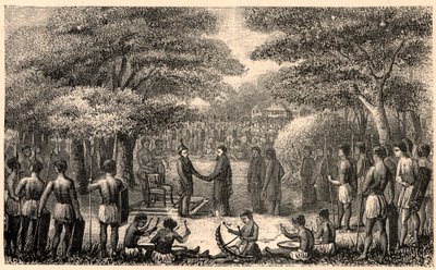 किंग लेबुस्ची, हेनरी डेपेलचिन (1822-1900), जेसुइट मिशनरी और अफ्रीका में अपर ज़ाम्बेज़ मिशन के पहले श्रेष्ठ का स्वागत करते हैं। लुई-यूजीन (लुई यूजीन) लौवेट द्वारा "लेस मिशन कैथोलिक्स औ XIXeme सिकल" में उत्कीर्णन। निजि संग्रह। द्वारा अनाम अनाम