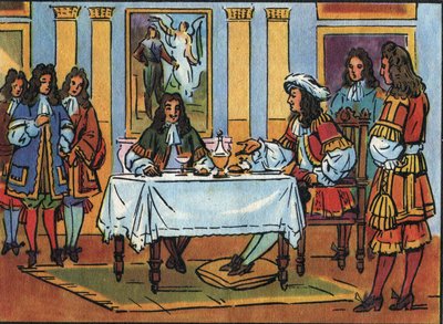 राजा लुई XIV (1638-1715) ने वर्साय के महल में अदालत की उपस्थिति में नाश्ते के दौरान कॉमेडियन और नाटककार जीन बैप्टिस्ट पॉक्वेलिन डिट मोलिरे (1622-1673) का स्वागत किया। "" संग्रह में गुमनाम चित्रण और रसोइये डी'एटैट डी' द्वारा अनाम अनाम