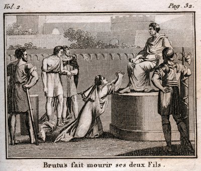 LUCIUS JUNIUS BRUTUS ने अपने ही बेटों को टारक्विन को बहाल करने की साजिश रचने के लिए मौत की निंदा की, रोम के निष्कासित राजाओं, 509 ईसा पूर्व - "" द रोलिन ऑफ यूथ या प्राचीन और रोमन कहानियों के चुने हुए टुकड़े" से उत्कीर्णन 1816 - निजी संग्रह द्वारा अनाम अनाम