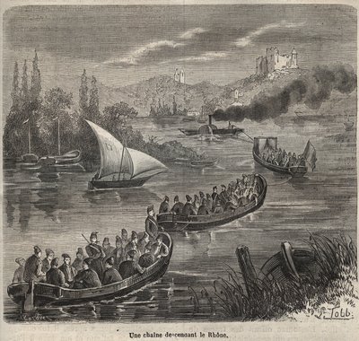 टॉलन जेल - रोन से उतरती एक श्रृंखला - पियरे ज़ैकोन (1817-1895) (कोलोनिया पेनाले - दंड कॉलोनी) द्वारा "उनके निर्माण से लेकर आज तक के दोषियों का इतिहास" (1877) में उत्कीर्णन द्वारा अनाम अनाम