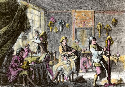 लुई XV फैशन: एक विग नाई के इंटीरियर का दृश्य। 1755 के आसपास उत्कीर्णन। निजी संग्रह द्वारा अनाम अनाम