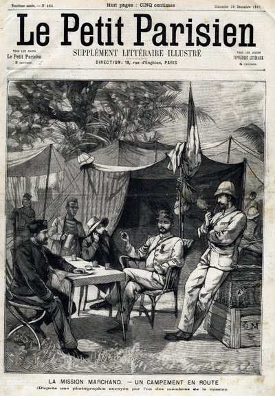 मारचंद मिशन कैंप: जीन-बैप्टिस्ट (जीन बैप्टिस्ट) मारचंद (1863-1934), उनके बाईं ओर कैप्टन बाराटियर और उनके दाईं ओर लेफ्टिनेंट विक्टर इमैनुएल लार्गो (1867-1916) और कैप्टन जर्मेन। 26/12/1897 को "" ले प्यूट पेरिसियन "" में। निजि संग्रह द्वारा अनाम अनाम