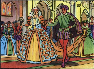 1558 में मैरी इरे स्टुअर्ट (1542-1587) और फ्रेंकोइस II (1544-1560) का विवाह। "" फ्रांस के राज्य के प्रमुखों और प्रमुखों का संग्रह "" में बेनामी चित्रण। 20 वीं सदी। निजि संग्रह। द्वारा अनाम अनाम