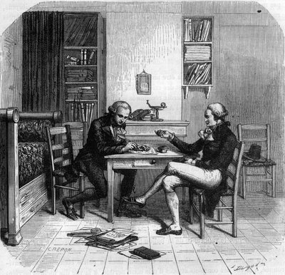 मैक्सिमिलियन डी रोबेस्पिएरे 1758-1794, फ्रांसीसी राजनेता, अपने कमरे में मौरिस डुप्ले के साथ सार्वजनिक सुरक्षा समिति के सदस्य - चंब्रे डी मैक्सिमिलियन डी रोबेस्पिएरे चेज़ मौरिस डुप्ले (1736-1820) पेरिस में सेंट-ऑनोर - "हिस्टोइरे डेस गि" में उत्कीर द्वारा अनाम अनाम