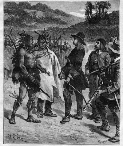 1889 के "जर्नल डेस वॉयेजेज" में उत्कीर्णन लेक पेओरिया के पास अमेरिका के भारतीयों के साथ रॉबर्ट कैवेलियर डी ला साले (1643-1687) की बैठक द्वारा अनाम अनाम