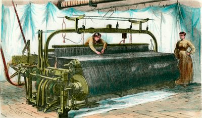 एक बड़े कारखाने में यांत्रिक बुनाई के लिए मेटियर। 1860 के आसपास उत्कीर्णन। द्वारा अनाम अनाम