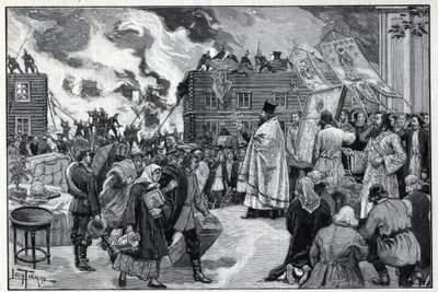 मास्को, कलुगा के उपनगर में आग: शहर और अग्निशामकों को आग से बचाने के प्रयास में पवित्र छवियों (पवित्र छवियों) को प्रस्तुत करने वाले रूढ़िवादी पादरी। 1892 के "ले मोंडे इलस्ट्री" में उत्कीर्णन। निजी संग्रह। द्वारा अनाम अनाम