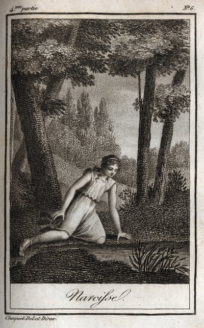 चार्ल्स अल्बर्ट डेमोस्टियर (1760-1801) द्वारा "लेट्रेस ए एमिली सुर ला मिथोलॉजी" में 1819 के अपने प्रतिबिंब (नारसीसो) को उकेरते हुए नार्सिस। निजि संग्रह। द्वारा अनाम अनाम
