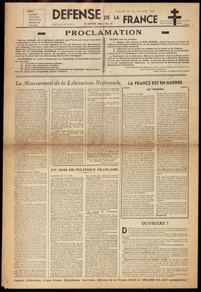 15/01/1944 के गुप्त समाचार पत्र "" डेफेंस डी फ्रांस "" में से एक द्वारा अनाम अनाम