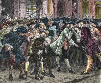 पेरिस IV arrondissement - La rue Quincampoix en 1720 a l'epoque du système de John Law (1671 - 1729) - "" L'agiotage a la rue Quincampoix" (कानून द्वारा दिवालिया होने का कारण) - सट्टेबाजों के साथ rue Quincampoix का दृश्य जॉन लॉ की व् द्वारा अनाम अनाम
