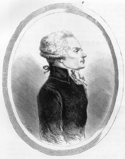रॉबेस्पिएरे (1758-1794) राजनेता द्वारा मैक्सिमिलियन का पोर्ट्रेट - ड्यूप्रे डे ला माहेरी द्वारा "द रेड बुक - हिस्टोइरे डी ल'चफौद एन फ्रांस" में 1863 का उत्कीर्णन। निजि संग्रह। द्वारा अनाम अनाम