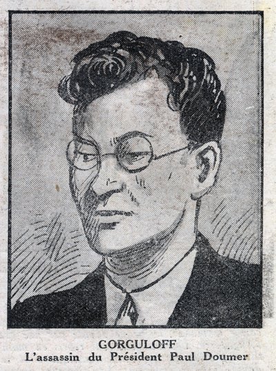 पॉल गोर्गुलोव या गोरगुलॉफ़ (1895-1932) का पोर्ट्रेट, फ्रांसीसी राष्ट्रपति पॉल डौमर (1857-1932) का हत्यारा। "" L'Illustious du petit जर्नल" में उत्कीर्णन द्वारा अनाम अनाम