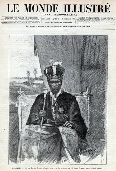 पोर्टो नोवो (पोर्टो-नोवो) के लिए टोफा I (टोफ़ा) (लगभग 1850-1908), डाहोमी (बेनिन) के राजा का पोर्ट्रेट। एक अखबार। 1892 के "ले मोंडे इलस्ट्री" में उत्कीर्णन। निजी संग्रह। द्वारा अनाम अनाम