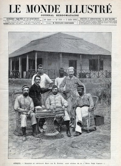 रॉयल नाइजर कंपनी के जनरल एजेंट फ्रेडरिक बेडफोर्ड (1838-1913) द्वारा लेफ्टिनेंट मिज़ोन का स्वागत। फ्रांसीसी खोजकर्ता लुई अलेक्जेंड्रे एंटोनी मिज़ोन (1853-1899) पश्चिम अफ्रीका की अपनी यात्रा के दौरान। एक अखबार। 1892 के "ले मोंडे इलस्ट्री" में उत्की द्वारा अनाम अनाम