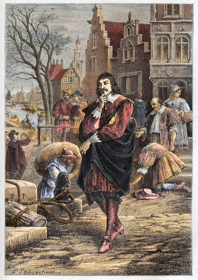 रेने डेसकार्टेस (1596-1650), फ्रांसीसी दार्शनिक और गणितज्ञ एम्सटर्डम की सड़कों पर चलते हुए - एम्स्टर्डम में डेसकार्टेस - "" ल'हिस्टोइरे डी फ्रांस टेलली मेस ग्रैंडसेनफैंट्स" से उत्कीर्णन - फ्रेंकोइस गुइज़ोट द्वारा - 1872-1876 द्वारा अनाम अनाम