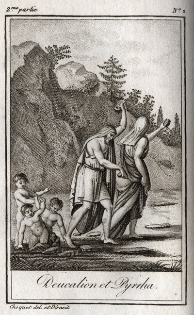 Deucalion और Pyrrha का प्रतिनिधित्व, मानव जाति को नष्ट करने के लिए ज़ीउस के कारण हुए जलप्रलय के बाद एकमात्र जीवित बचे। जलप्रलय के बाद थेमिस उन्हें अपनी माँ की हड्डियों (पृथ्वी के पत्थर) को पीछे फेंक कर सिर ढक कर चलने के लिए कहते हैं। द्वारा अनाम अनाम