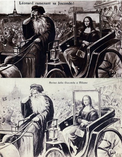 लियोनार्ड डी विंची (लियोनार्डो दा विंची) (1452-1519) का प्रतिनिधित्व, विन्सेन्ज़ो पेरुगिया (1881-1925) द्वारा काम की चोरी के बाद अपने काम "" द मोना लिसा "" (मोना लिसा, मोना लिसा) को वापस लाना। 21/08/1911 को। हास्य पोस्टकार्ड द्वारा अनाम अनाम
