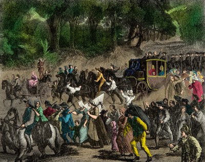 1791 में वेरेन्स के लिए अपनी उड़ान के बाद शाही परिवार की पेरिस वापसी, उत्कीर्णन, निजी संग्रह द्वारा अनाम अनाम