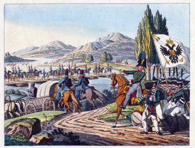 रूसी सेना ने मई १८२८ को प्रुथ नदी को मोल्दाविया में पार किया - बेनामी - 1829 - नक़्क़ाशी, जल रंग - 37,9x24,4 - निजी संग्रह द्वारा अनाम अनाम
