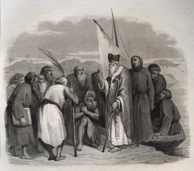 अलेक्जेंड्रिया के संत अथानासियस (अथानासियस द ग्रेट) (295-373) मिस्र के एकान्तों का दौरा करते हुए। 1846 से "संतों के जीवन" में उत्कीर्णन। निजि संग्रह। द्वारा अनाम अनाम
