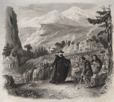 सेंट फ्रेंकोइस-डी-सेल्स (सेंट फ्रांकोइस डी सेल्स) (1567-1622), एक देहाती यात्रा पर जिनेवा की पूर्व संध्या। 1846 से "संतों के जीवन" में उत्कीर्णन। निजि संग्रह। द्वारा अनाम अनाम