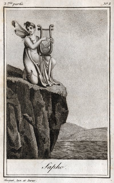 Sapho (या Sappho, 7 वीं शताब्दी ईसा पूर्व), प्राचीन काल के यूनानी कवि। चार्ल्स अल्बर्ट डेमोस्टियर (1760-1801) द्वारा "लेट्रेस ए एमिली सुर ला मिथोलॉजी" में 1819 से उत्कीर्ण। निजि संग्रह। द्वारा अनाम अनाम