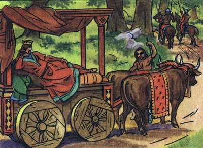 आलसी राजाओं का चित्रण करने वाला दृश्य: फ्रांस के राजा थियरी III (673-691) बैलों द्वारा खींचे गए बिस्तर के साथ एक टैंक में ले जाते हैं। "" संग्रह डेस स्मारिका और शेफ डी'एटैट डे ला फ्रांस" में बेनामी चित्रण। 20 वीं सदी। निजि संग्रह। द्वारा अनाम अनाम
