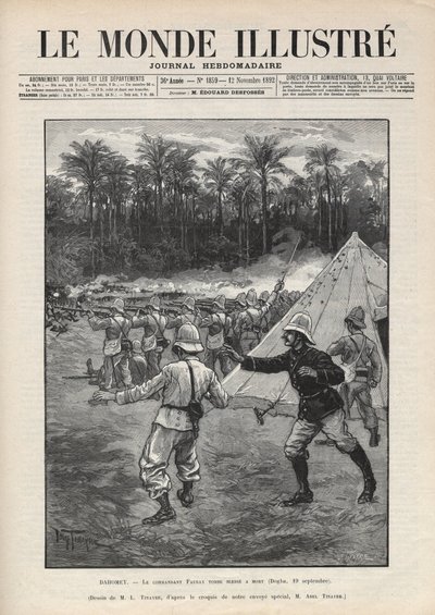 दूसरा डाहोमी युद्ध (1892-1894): 19 सितंबर 1892 को डाहोमी (अब बेनिन) में डोगबा की लड़ाई के दौरान फ्रांसीसी कमांडर फॉरेक्स की मृत्यु। एक अखबार। 1892 के "ले मोंडे इलस्ट्री" में उत्कीर्णन। निजी संग्रह। द्वारा अनाम अनाम