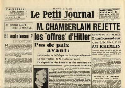 द स्मिटल जर्नल फ्राइडे 13 अक्टूबर 1939 नेविल चेम्बरलेन (1869-1940) ने एडॉल्फ हिटलर के प्रस्तावों को अस्वीकार कर दिया द्वारा अनाम अनाम