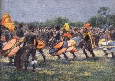 पूर्व अमेरिकी राष्ट्रपति थियोडोर रूजवेल्ट का अभियान (1858 - 1919) अफ्रीका के लिए: युगांडा में योद्धा नृत्य। उत्कीर्णन। 24/04/1910 को "" ले पेटिट पेरिसियन "" समाचार पत्र में से एक। निजि संग्रह। द्वारा अनाम अनाम