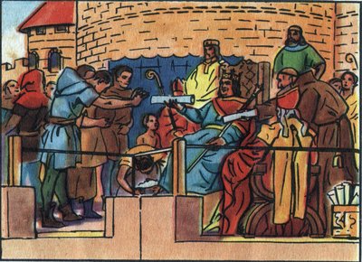 फ्रांस के राजा लुई VI सबसे बड़ा (1081-1137) पेरिस शहर को चार्टर प्रदान करता है। "" फ्रांस के राज्य के प्रमुखों और प्रमुखों का संग्रह "" में अनाम चित्रण। 20 वीं सदी। निजि संग्रह। द्वारा अनाम अनाम