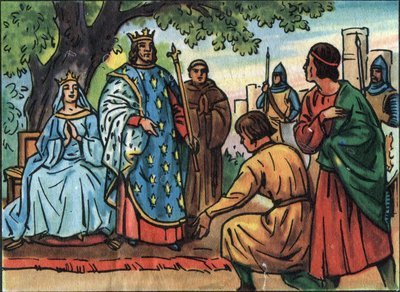 फ्रांस के राजा सेंट लुइस (लुई IX 1214-1270) Bois de Vincennes के ओक के नीचे न्याय कर रहे हैं। "" फ्रांस के राज्य के प्रमुखों और प्रमुखों का संग्रह "" में अनाम चित्रण। 20 वीं सदी। निजि संग्रह। द्वारा अनाम अनाम