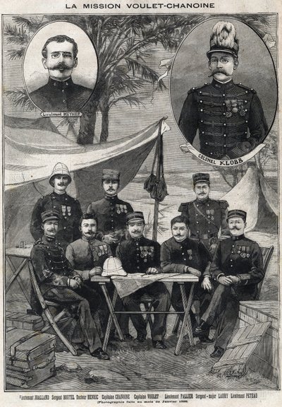 वाउलेट चानोइन मिशन (वौलेट-चानोइन) चाड के औपनिवेशिक विजय के लिए फ्रांसीसी अभियान: लेफ्टिनेंट ऑक्टेव मेयनियर (1874-1961) और कर्नल आर्सेन क्लोब (1857-1899) का चित्र निचले बाएं से दाएं: लेफ्टिनेंट जोआलैंड, सार्जेंट बुटेल, डॉक्टर द्वारा अनाम अनाम