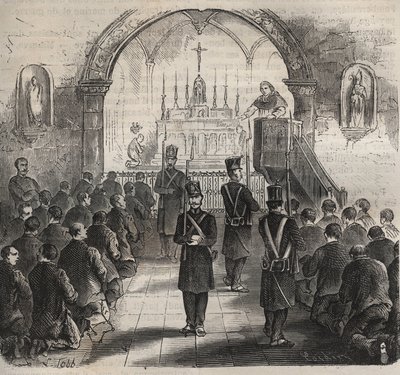 19वीं सदी में टौलॉन बैगन का चैपल। पियरे ज़ैकोन (1817-1895) (कोलोनिया पेनेल - दंड कॉलोनी) द्वारा "उनके निर्माण से लेकर आज तक दोषियों का इतिहास" (1877) में उत्कीर्णन। निजि संग्रह। द्वारा अनाम अनाम