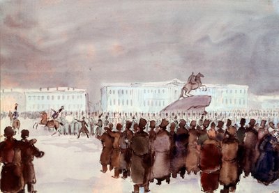 1825 में डीसमब्रिस्ट विद्रोह के दौरान सीनेट स्क्वायर में भीड़। 14 दिसंबर 1825 को सेंट पीटर्सबर्ग में शासन के आधुनिकीकरण के लिए भविष्य के ज़ार से एक संविधान प्राप्त करने के लिए एक कठोर दमित तख्तापलट के प्रयास के डीसमब्रिस्ट या डिकैब्रिस्ट सदस्य। गुमनाम द्वारा अनाम अनाम