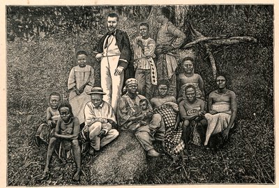 ब्रेज़ा के खोजकर्ता पियरे सवोर्गन (1852-1905) और गैबॉन में दो गिनी (दो गिनी) के अपोस्टोलिक विक्टोरेट से स्वदेशी लोगों का एक समूह। लुई-यूजीन (लुई यूजीन) लौवेट द्वारा "लेस मिशन कैथोलिक्स औ XIXeme सिकल" में उत्कीर्णन। जनसंपर्क द्वारा अनाम अनाम