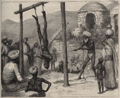 भारत में फकीर - भारत में फकीर (फकीर) - को एक लकड़ी की पट्टी पर पैरों से लटका दिया गया था - 1892 से "जर्नल डेस वॉयेज" में उकेरा गया था। द्वारा अनाम अनाम