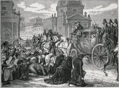 24 मई 1814 को रोम (रोमा) में पोप पायस VII (पियो) (1742-1823) की विजयी प्रविष्टि। 19वीं शताब्दी की नक्काशी। निजि संग्रह। द्वारा अनाम अनाम