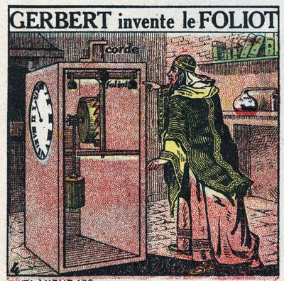 समय: घड़ी का वजन होता है। Gerbert d'Aurillac (एक्विटेन या रीम्स से पोप सिल्वेस्टर II के रूप में जाना जाता है) (लगभग 938-1003) ने फोलिएट घड़ियों का आविष्कार किया। 1925 से बेनामी चित्रण। निजी संग्रह। द्वारा अनाम अनाम