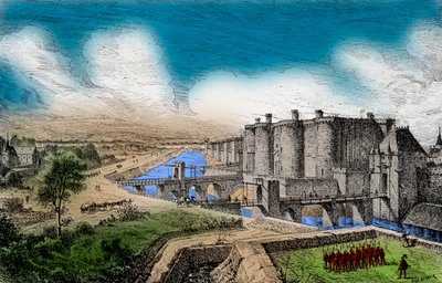 किंग चार्ल्स वी द वाइज (1338-1380) के तहत अपनी आसपास की दीवारों के साथ बैस्टिल का दृश्य, उत्कीर्णन, निजी संग्रह द्वारा अनाम अनाम