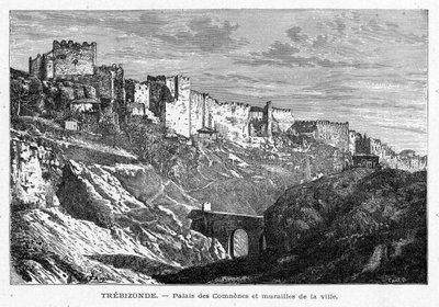 पैलेस डेस कॉम और ट्रेबिज़ोंडे (तुर्की) शहर की दीवारों का दृश्य। लुई-यूजीन (लुई यूजीन) लौवेट द्वारा "लेस मिशन कैथोलिक्स औ XIXeme सिकल" में उत्कीर्णन। निजि संग्रह। द्वारा अनाम अनाम